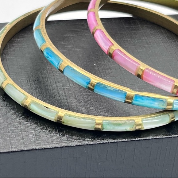 INDIA MOP Shell Inlay Brass Bangle Stacking Boho Bracelet Lot Bollywood - Picture 5 of 10